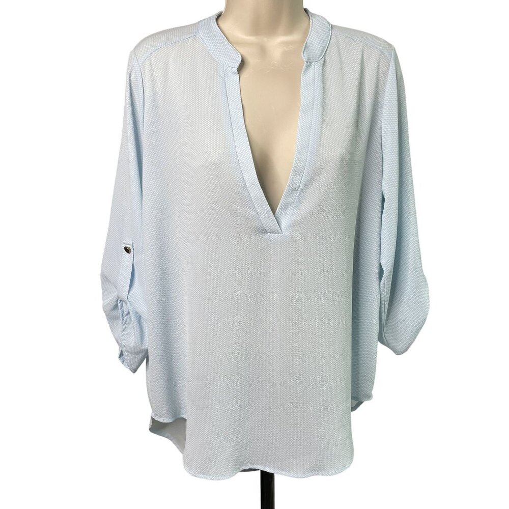 Karlie  Womens Sheer Tunic Blouse Blue Shirt Size Medium Button Up Sleeves u